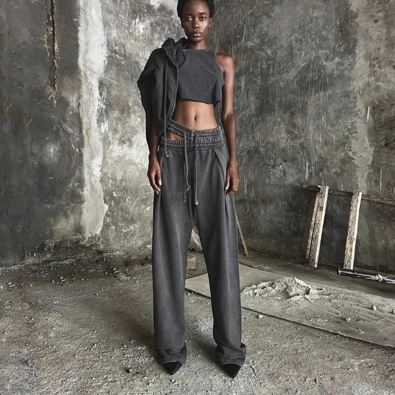 Sweatpants Gray Loose Wide Leg Trousers Hollow Out Female Clothing