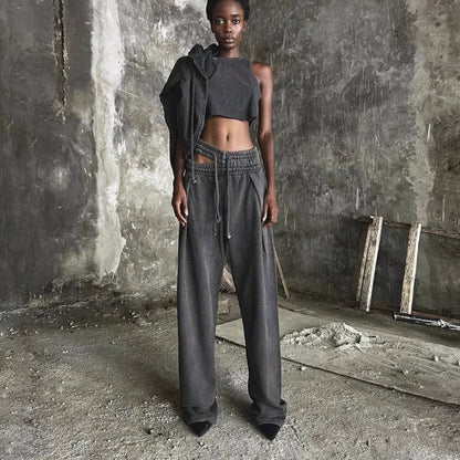 Sweatpants Gray Loose Wide Leg Trousers Hollow Out Female Clothing