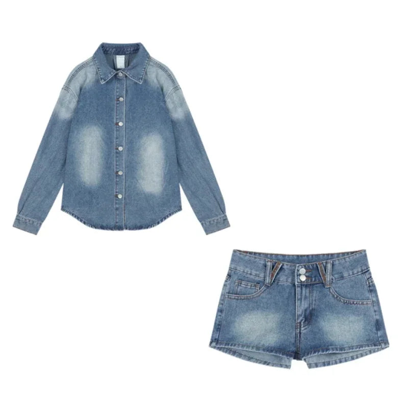 Autumn New Washed Distressed Denim Loose Longsleeved Shirt + Straight Pants Twopiece Suit