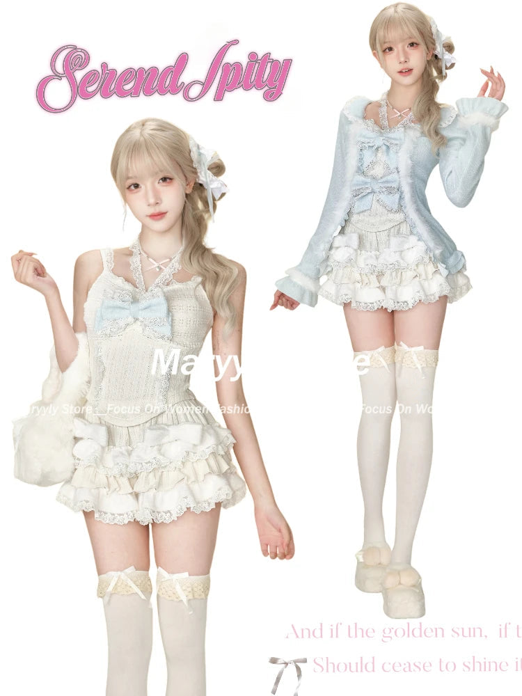 Winter Sweet New 3 Piece Sets Outfits Long Sleeve Bow Cardigan + Slim Vest + Lace Patchwork Mini Skirt