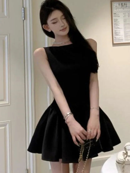 Korean Romantic Pearl Chain Backless Lace Up Princess Mini Dresses Sweet a Line Dress Birthday Evening Party Clothes