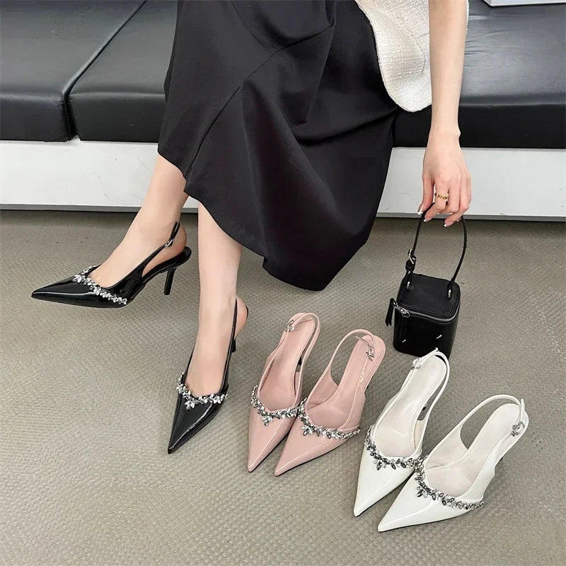 Rhinestone Buckle Strap Pumps Pointed Toe Thin High Heels Slingbacks Heels Sandals Party Prom Shoes