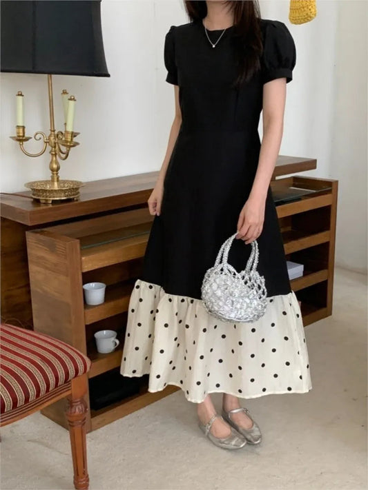 French Style Mermaid Dress Summer Slim Color Collision Polka Dot Fishtail Long Dress