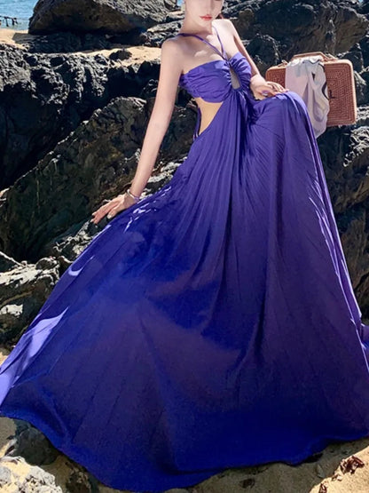 Purple Halter Bandage Long Dresses High Waist Hollowed Out Pleated Evening Party Summer Backless Vacation Sundress