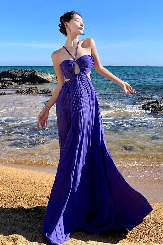 Purple Halter Bandage Long Dresses High Waist Hollowed Out Pleated Evening Party Summer Backless Vacation Sundress
