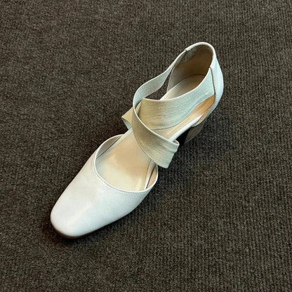 Sshoes Square Toe Thick Middle Heel Cross Elastic Cowhide Color Office Shallow Single Shoes