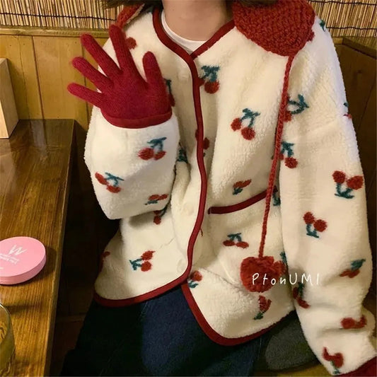 Sweet Jacket Lambswool Cherry Print Oversized Outwear Y2k Clothes Thicked Coat Kawaii Ropa Mujer