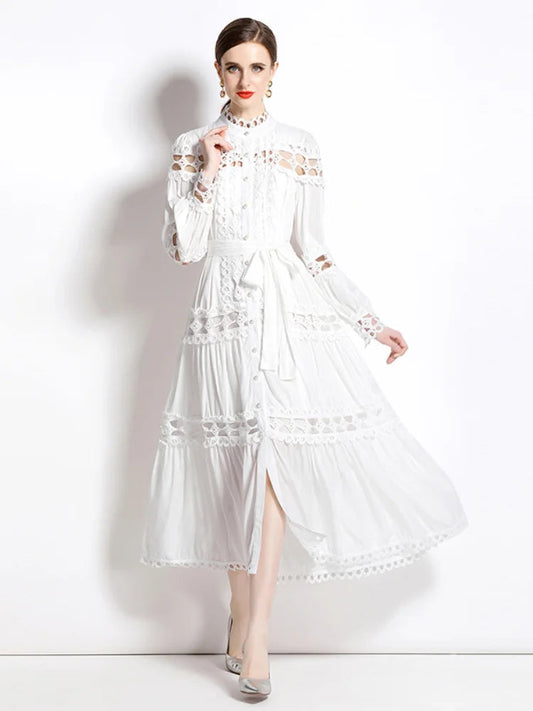 Dresses Skeleton Lace Splicing Stand Collar Single Breasted Dresses Aline Midi Dresses With Belt Party Clubwear
