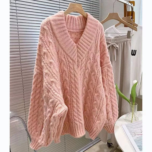 Oversized Sweater Preppy Pink V Neck Knitted Pullovers Harajuku Korean Long Sleeve Knitwear Winter Jumpers