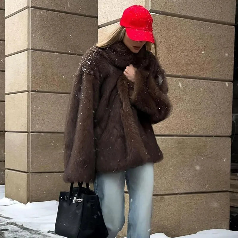 Furffy Thicken Jackets Faux Fur Loose Lapel Long Sleeves Warm Coats Female Winter Soft Outwears Lady