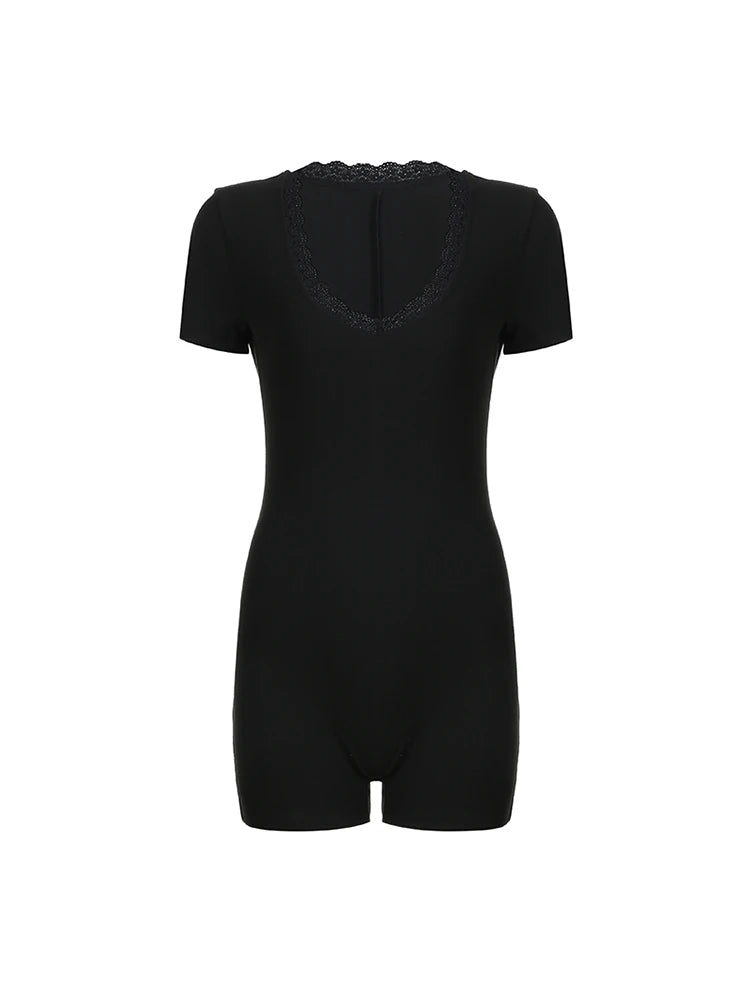 Skinny Lace Trim V Neck Short Sleeve Bodycon Rompers Playsuits