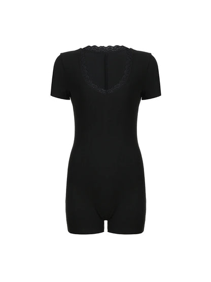 Skinny Lace Trim V Neck Short Sleeve Bodycon Rompers Playsuits
