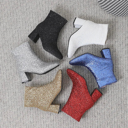 Big Size 48 49 50 Gold Silver Blue Sequined Cloth Glitter Winter Shoes Chunky High Heels Bling Party Ankle Chelsea Boots