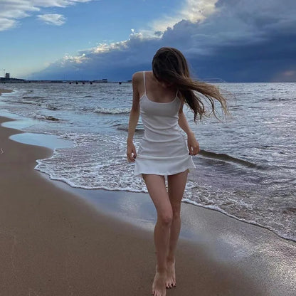 Basic Dress for White Spaghetti Strap Sleeveless a Line Mini Dresses Y2k Clothes 2000s Aesthetic Dress Beach Wear