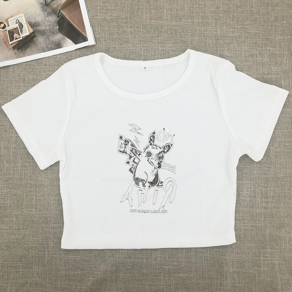 Sweet and Spicy New Printed Short-sleeved Short T-shirt Summer Spice Slimming Everything With Shoulder Clothes