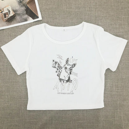 Sweet and Spicy New Printed Short-sleeved Short T-shirt Summer Spice Slimming Everything With Shoulder Clothes