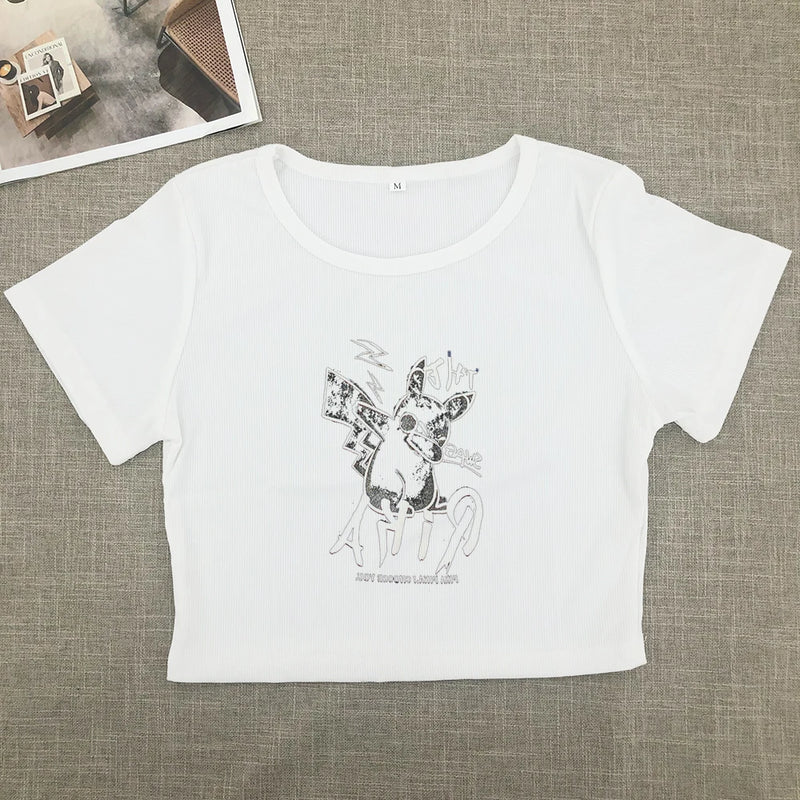Sweet and Spicy New Printed Short-sleeved Short T-shirt Summer Spice Slimming Everything With Shoulder Clothes