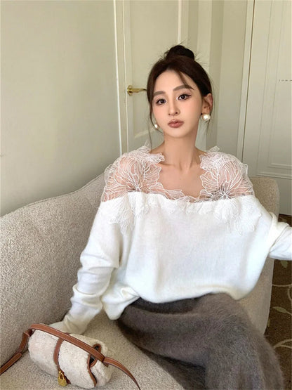 Lace Patchwork Knitted Sweaters Lady Spring Office Wear Pullovers Daily Loose Slim