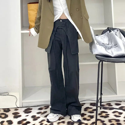 Korean Laceup Spliced Loose Cargo Pants Spring New Fake Twopiece Color All Match Wide Leg Pants