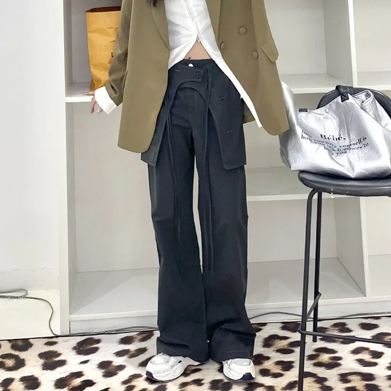 Korean Laceup Spliced Loose Cargo Pants Spring New Fake Twopiece Color All Match Wide Leg Pants