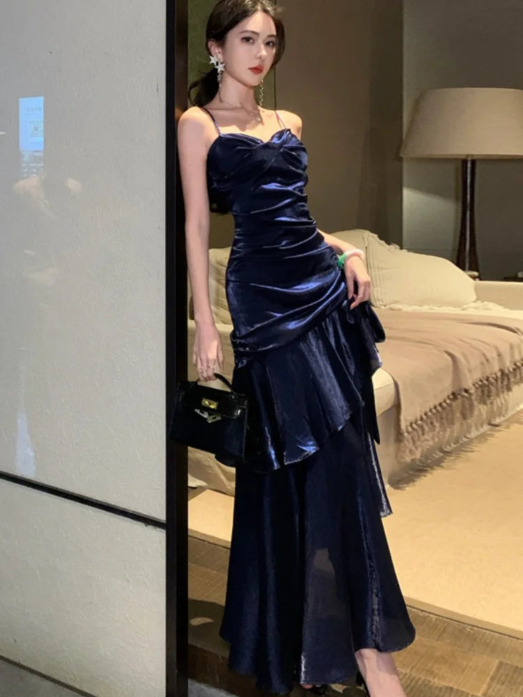 Spaghetti Strap Long Dresses Sleeveless Princess Ruffles Evening Party Dress Summer Holiday Beach Vestidos Robe New