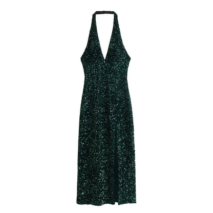 Sequined Bodycon Split Midi Dress for Backless Sleeveless Halter Slim Long Vestidos Spring Club Party Dresses