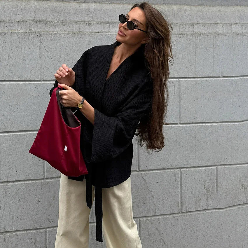 New Black Lace Up Overcoats Autumn Office Jackets Slim Fit Pleated Coat V-neck Commute for Lady Coats