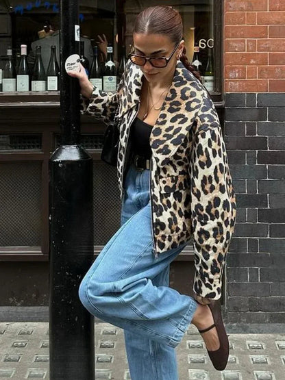 Leopard Print Bomber Jacket Lapel Long Sleeves Zipper Pockets Loose Coat Autumn Lady High Streetwewar
