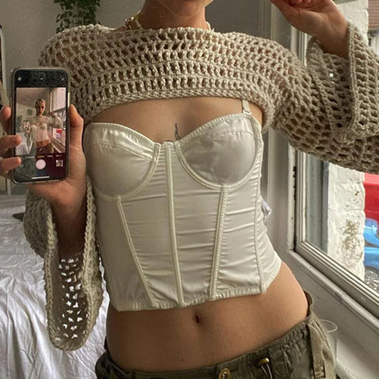 Short Knit Sweater Hollow Out Smock Crochet Crop Top Pullover Y2k Autumn Female Cloth