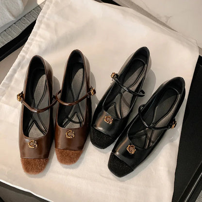 Simple Flower Mary Jane Shoes Spring New Round Head One Strap Metal Buckle Office Square Heel Flat Shoes