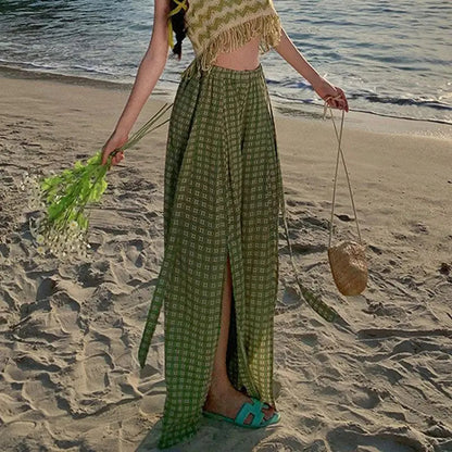 Green Print High Waist Pleated Wide Leg Pant Summer Pink Loose Straight Split Trousers