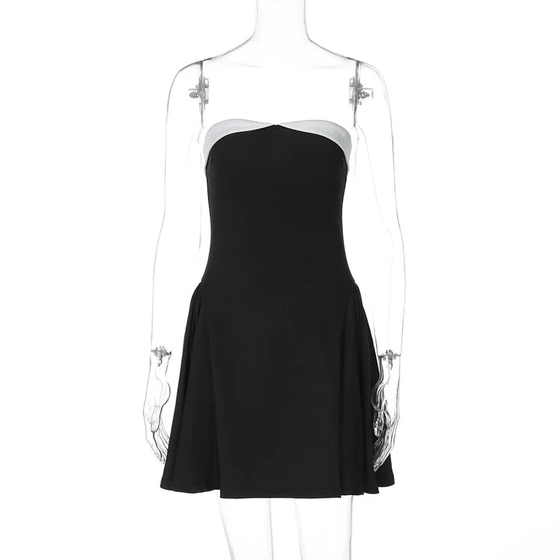Backless Tube Top Dress for One-shoulder Contrast Color Splice Mini Dress A-line Zipper Lady Club Party Dress