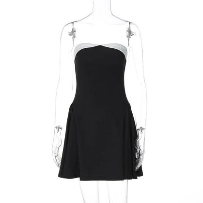 Backless Tube Top Dress for One-shoulder Contrast Color Splice Mini Dress A-line Zipper Lady Club Party Dress