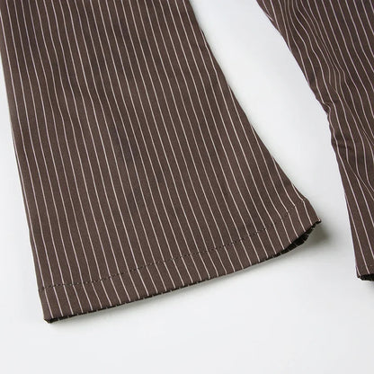 Brown Striped Blouse High Street Fitted Tee Shirt 2000s Button Top Fall Outfits