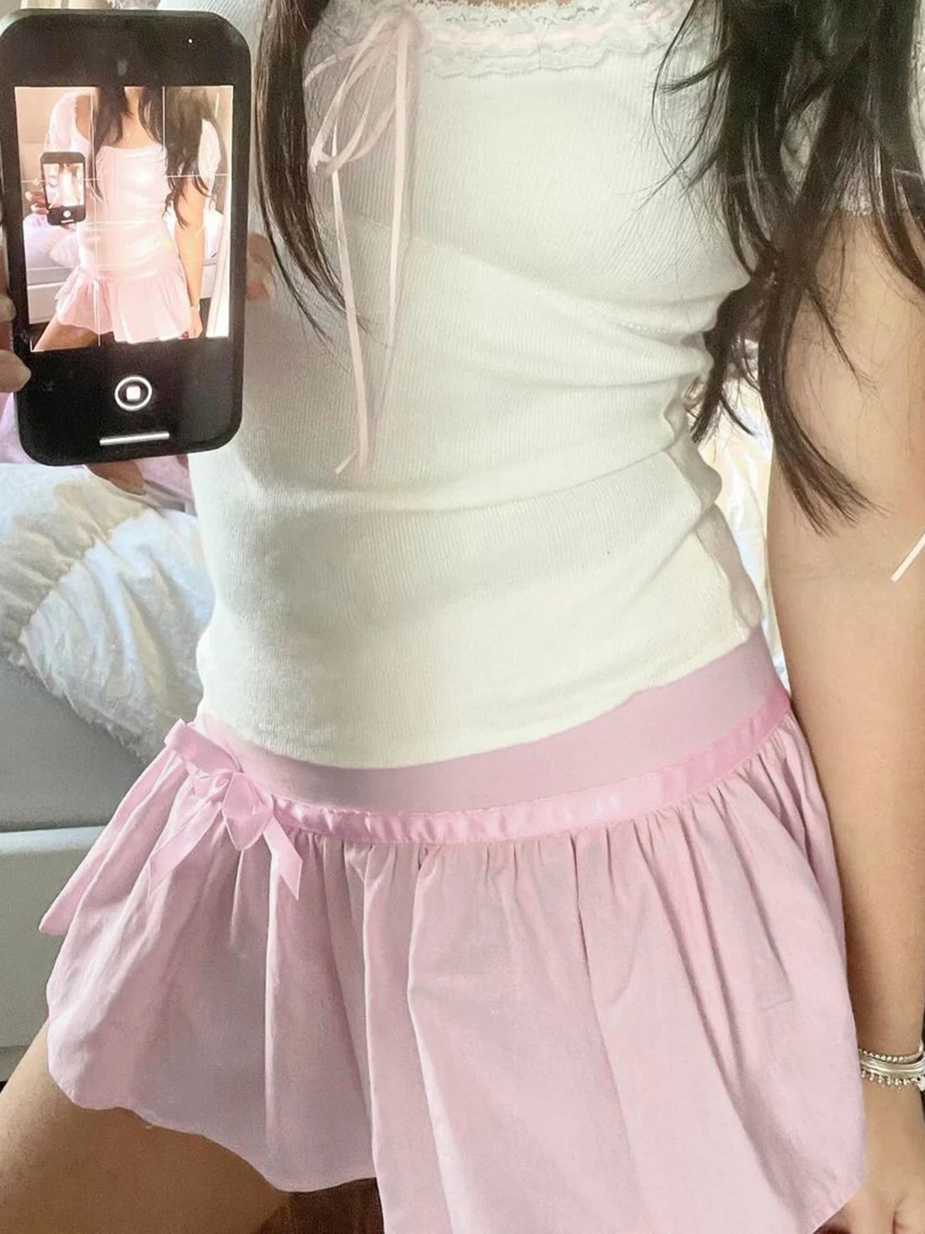 Sweet Y2k Kawaii Pink Bow Pleated Mini Lining Shorts Skirt Korean 2000s Clothing