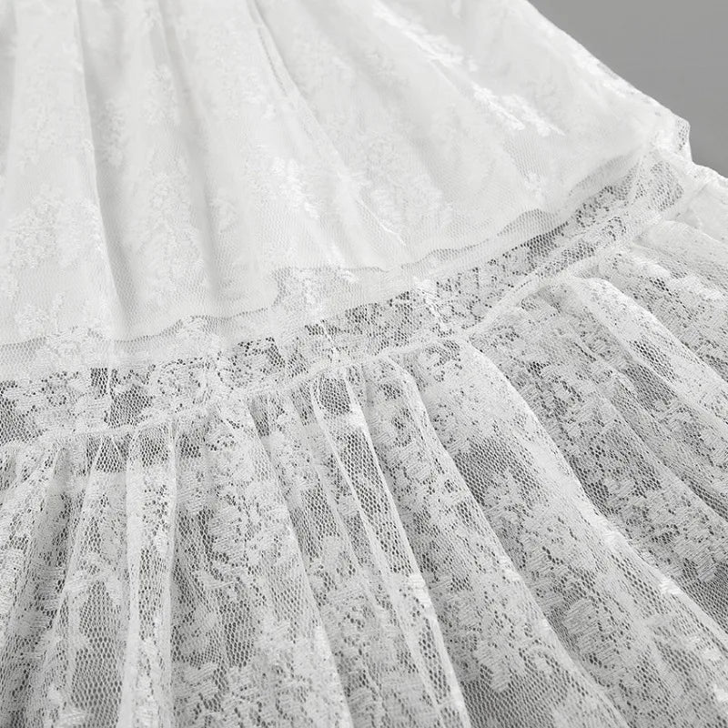 American Retro Hollow Seethrough Lace Aline Skirt Summer New High Waist Color Loose Midlength Skirt