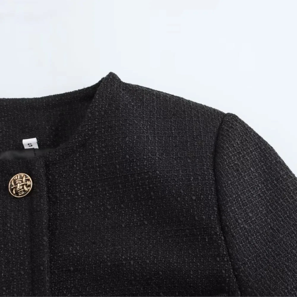 Autumn O Neck Soft Woolen Black Tweed Coat Cropped Front Pocket Single-breated Buttons Short Blazer Jacket