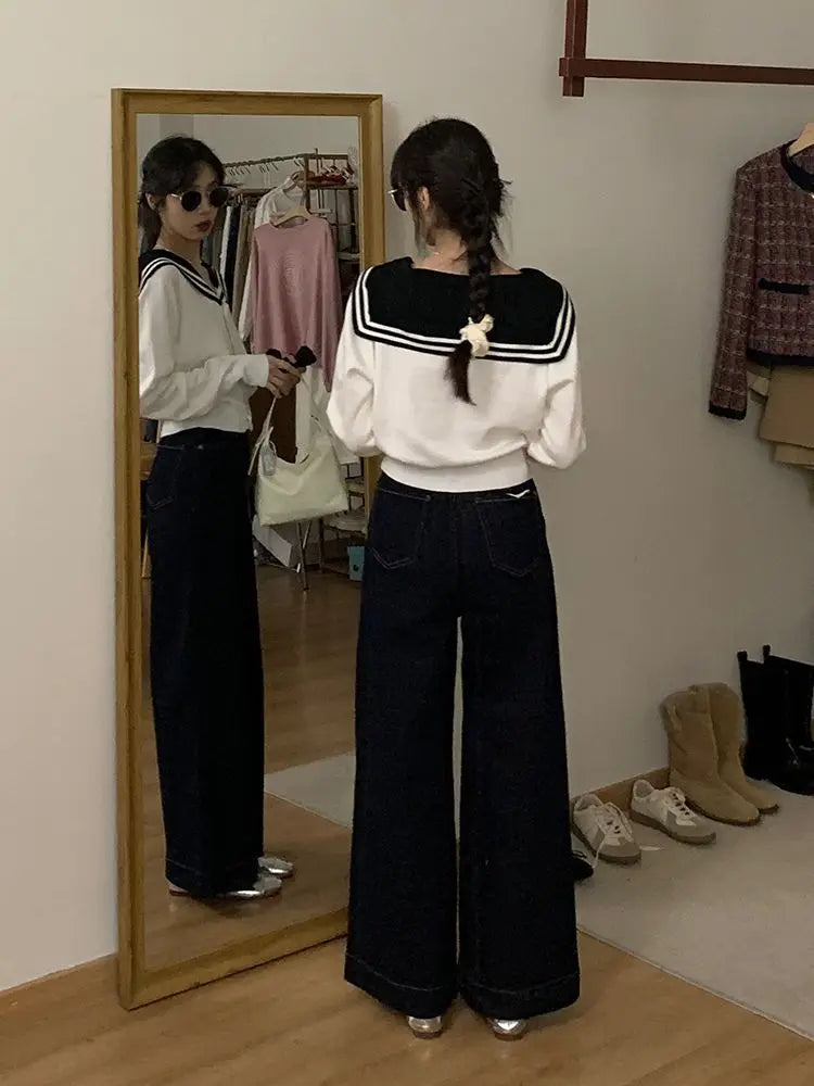 White Navy Collar Knitted Cardigan Age Reduction Clothing Autumn Thin Long Sleeve Sweater Korean Y2k Top