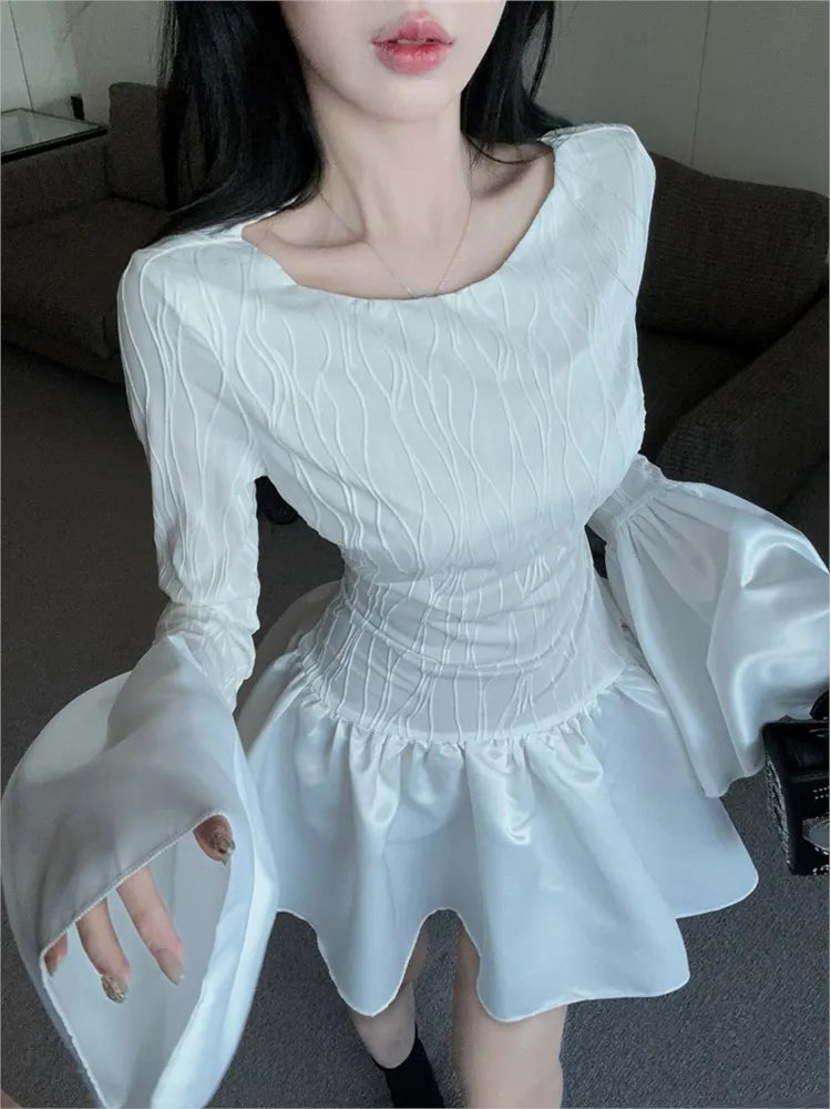 Y2k Sweet White Dresses Flare Long Sleeves Princess Ruffle Party Mini Dress Ball Gown Female Clothing New