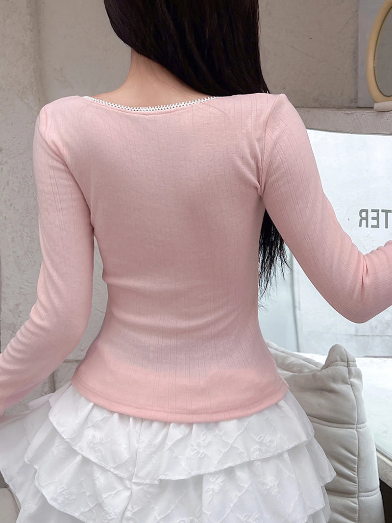 Japanese Kawaii Pink Slim Long Sleeve T-shirt Contrast Patchwork Square Collar Sweet Basic Spring Autumn Top Tees