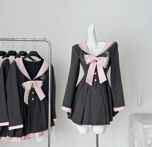 College Style Navy Collar Long Sleeve Pleated Dress Spring/autumn New Sweet Bow Waist Cinched Slim Aline Mini Dress for