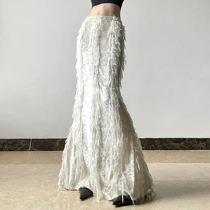 Korean High Waist Color Allmatch Midlength Skirt Winter New Tassel Stitching Aline Skirt