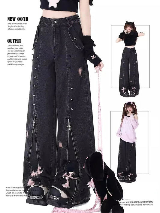 Black Gothic Baggy Jeans High Waist Cowboy Pants Harajuku Denim Trousers Aesthetic Y2k Emo Trashy 2000s Clothes
