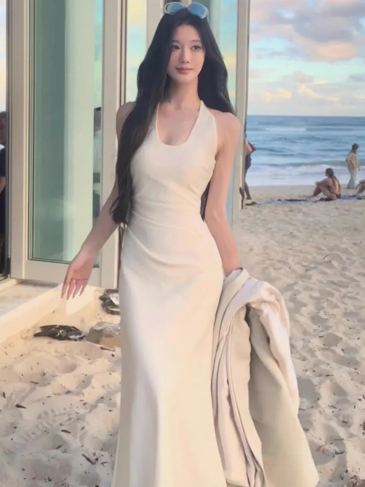 Slim Fit Long Dresses White Cambridge Blue Evening Dresses Spring Neckmounted Backless Mermaid Vestidos