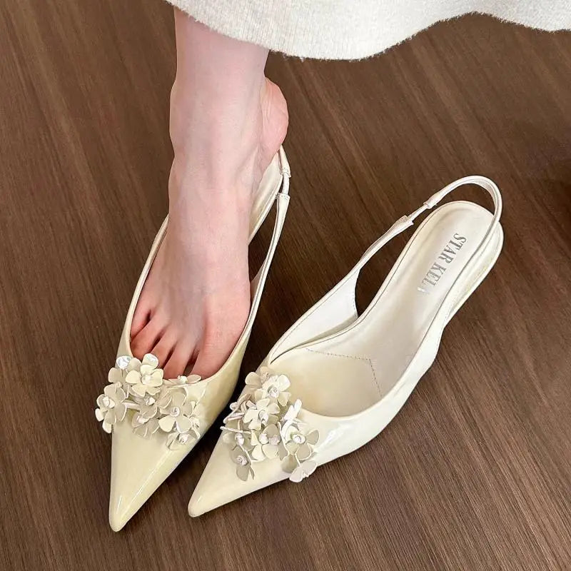 Sandals ，summer New Pointy Flower Sandals, Midheel Back Empty Single Shoes, Shoes