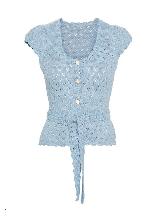Summer Korean Core Short Sleeve Knit Tshirts Mori Girl Tees Cardigan Crop Tops Coquette Gyaru Aesthetic