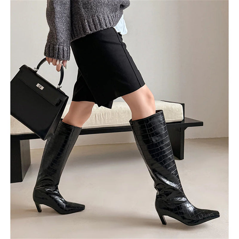 Knee High Boots for Stone Pattern Leather High Heels Autumn Winter Shoes Lady Long High Party Knight Booties