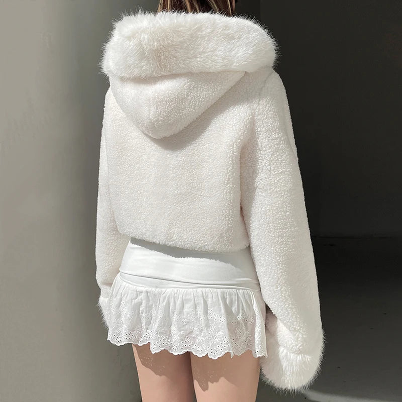 Faux Fur Hooded Coat High Street Fluffy White Snow Jacket Winter Warm Slim Outwear Stylish Lady Outfits