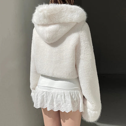 Faux Fur Hooded Coat High Street Fluffy White Snow Jacket Winter Warm Slim Outwear Stylish Lady Outfits