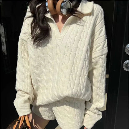 Korean Twopiece Set Vneck Loose Pullover Sweater Top Shorts Outfits Autumn New Suit Female Clothing